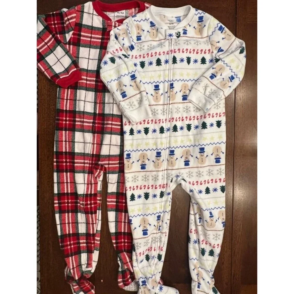2 Toddler Zip Up Fleece Pajamas Holiday Plaid Winter Boys Girls Size 4T